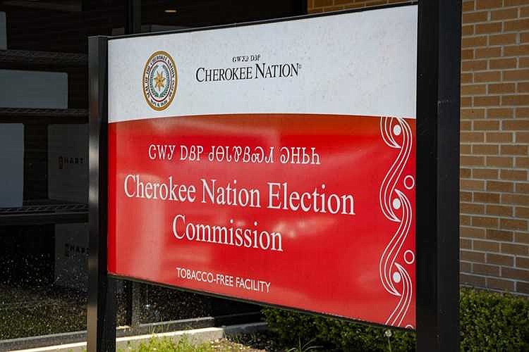A sign outside of the Cherokee Nation Election Commission in Tahlequah, Oklahoma. Four newcomers were elected to the Council of the Cherokee Nation during a run-off election held on Saturday, according to a press release issued by the Cherokee Nation. The newcomers will join four council incumbents who were relected and a fifth newcomer who was elected during the June Cherokee Nation General Election, the release states.