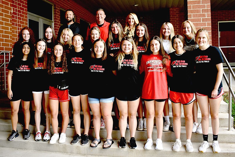 MARK HUMPHREY  ENTERPRISE-LEADER/Farmington's 2020-2021 Class 4A State Runner-up girls basketball team coached by (top row from left): assistant Denver Holt, head coach Brad Johnson, and assistant Jessica McCullough, along with assistant Breanna Jones (not in photo) were recognized during a July 19 school board meeting for their accomplished magnificent run during the state tournament at Morrilton to reach the state finals for the third time since Johnson took over the program beginning with the 2009-2010 season.
