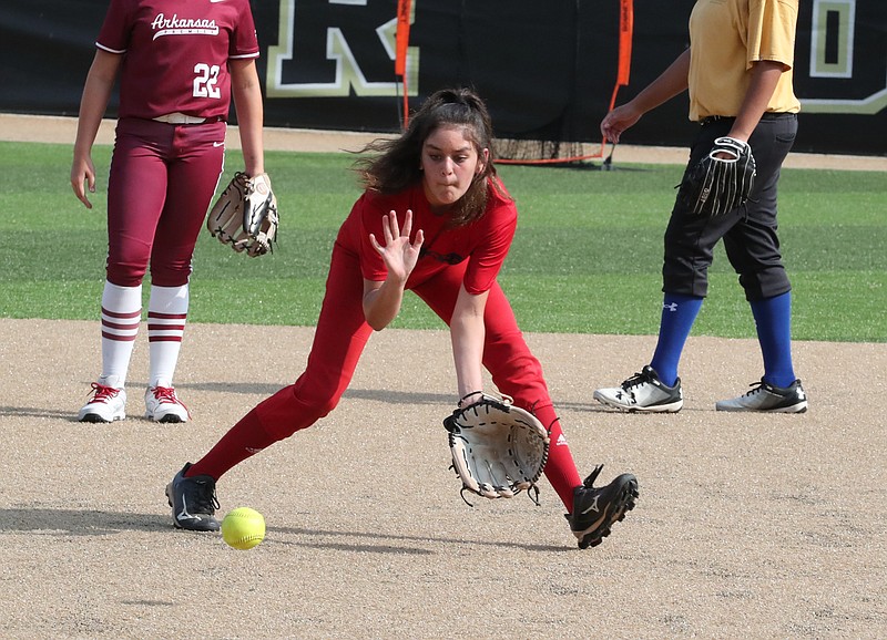 Hot Springs' Maddie Contreras fields a ground ball during a National Park College prospect showcase Tuesday. - Photo by Richard Rasmussen of The Sentinel-Record