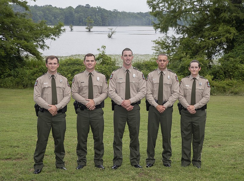 The Arkansas Game and Fish Commission introduces new wildlife officers July 23. From left, they are Austin Powell, Matthew Epperson, Drake Cooper, Tyler Asher, and Jennifer Ghormley. (Special to The Commercial/Arkansas Game and Fish Commission)