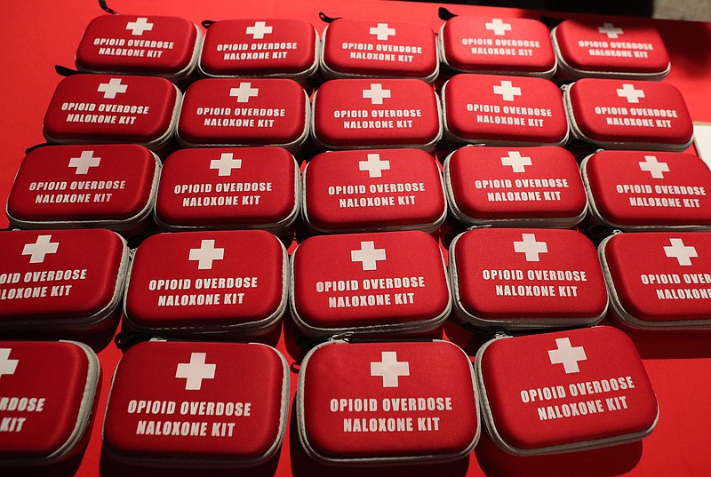 Some of the opioid overdose kits available at a NARCAN training event Thursday at LakePointe City Church. - Photo by Richard Rasmussen of The Sentinel-Record