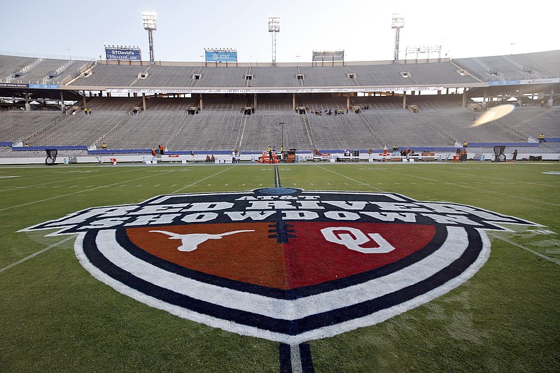 The Red River Showdown logo is displayed on the field of the Cotton Bowl, prior to a Oct. 10, 2020, matchup between University of Texas and Oklahoma in Dallas.  - Photo by Michael Ainsworth of The Associated Press