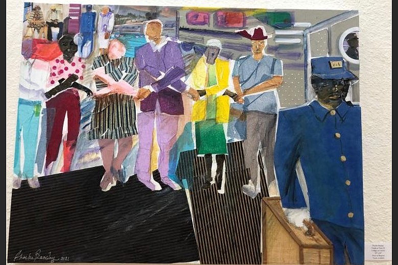 “Trouble on Track 39,” Phoebe Beasley, collage on canvas, is part of “Beautiful,” an exhibit at Hearne Fine Art. (Arkansas Democrat-Gazette/Sean Clancy)