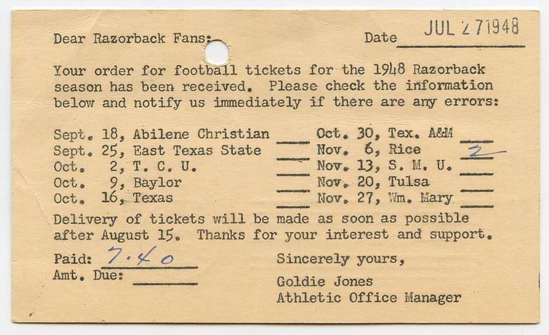 Little Rock, 1948: A man named Virgil at 1221 Vestal Ave. in North Little Rock received this card confirming he had spent $7.40 to get two tickets to see the Arkansas Razorbacks play Rice University.