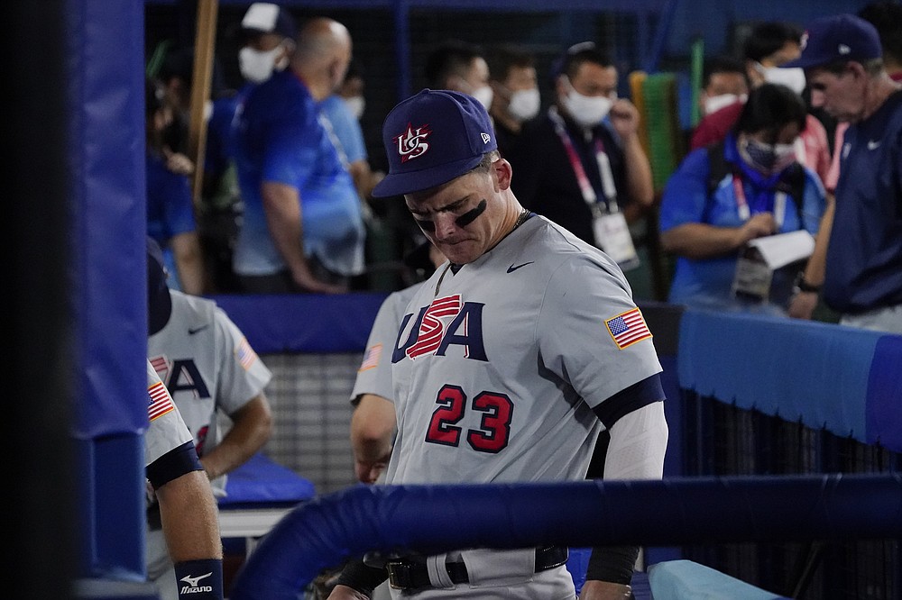 United States' Tyler Austin departs after a baseball game against Japan at the 2020 Summer Olympics, Monday, Aug. 2, 2021, in Yokohama, Japan. Japan won 7-6. (AP Photo/Sue Ogrocki)