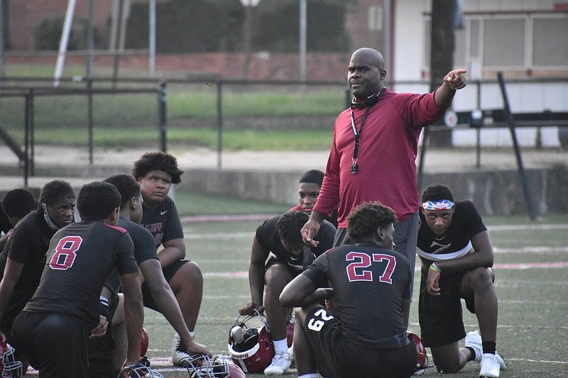 Pine Bluff High School Coach Rod Stinson makes final comments at the end of practice Monday, Aug. 2, 2021, at Jordan Stadium. (Pine Bluff Commercial/I.C. Murrell)