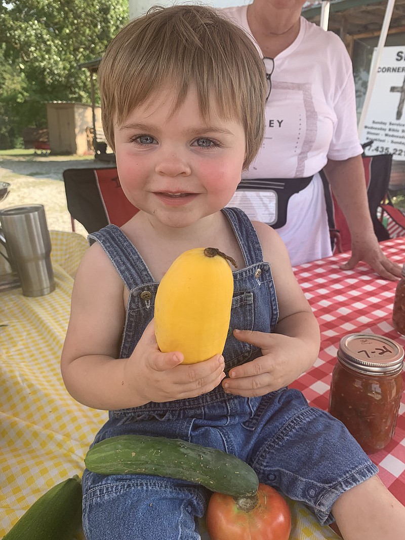 SALLY CARROLL/SPECIAL TO MCDONALD COUNTY PRESS Riley Stephens, son of Julie and Keith Stephens, enjoys playing with some veggies at Donna Kelly's vendor booth at Mountain Happenings at Sims Corner. Stephens will celebrate his second birthday in September.