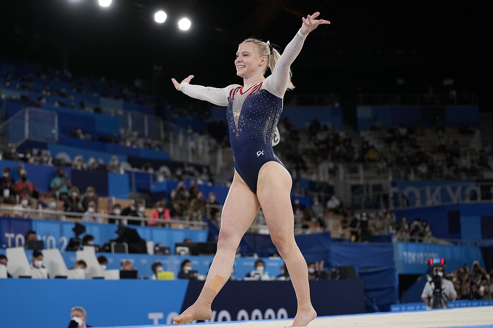 Jade Carey, of United States, performs on the floor exercise during the artistic gymnastics women's apparatus final at the 2020 Summer Olympics, Monday, Aug. 2, 2021, in Tokyo, Japan. (AP Photo/Ashley Landis)