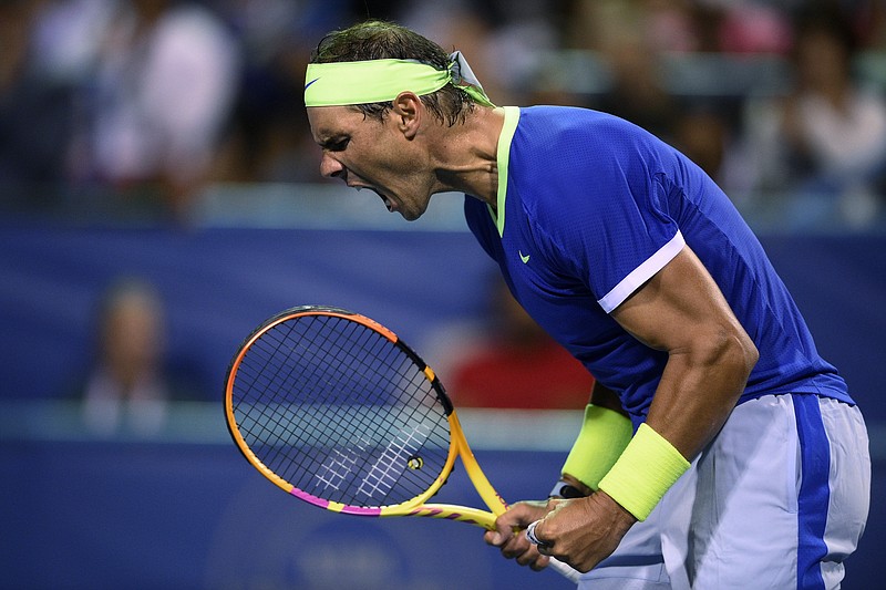 Rafael Nadal, of Spain, reacts during a match against Jack Sock, of the United States, in the Citi Open tennis tournament Wednesday in Washington. - Photo by Nick Wass of The Associated Press