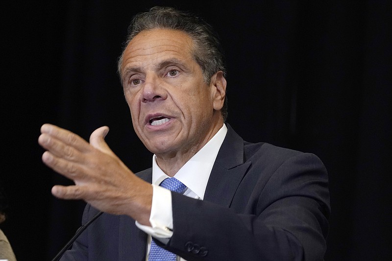 FILE - New York Gov. Andrew Cuomo speaks during a news conference at New York's Yankee Stadium, Monday, July 26, 2021. State lawmakers are telling Gov. Andrew Cuomo that their ongoing impeachment investigation is &quot;nearing completion&quot; and gave him a deadline of Aug. 13, to provide additional evidence. (AP Photo/Richard Drew, File)