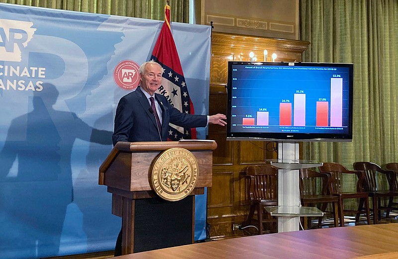 FILE - In this July 29, 2021 file photo, Arkansas Gov. Asa Hutchinson stands next to a chart displaying COVID-19 hospitalization data as he speaks at a news conference at the state Capitol in Little Rock, Ark. Arkansas lawmakers are leaving the state's mask mandate ban in place, ending a special session called to revisit the prohibition for schools because of the state's COVID-19 surge. The majority-Republican Legislature on Friday, Aug. 6,  adjourned the session that GOP Gov. Hutchinson had called to consider rolling back the ban for some schools. (AP Photo/Andrew DeMillo)