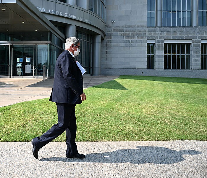 Gilbert Baker leaves the U.S. District Courthouse in Little Rock after the jury convened for the weekend on Friday, Aug. 6, 2021. (Arkansas Democrat-Gazette/Stephen Swofford)