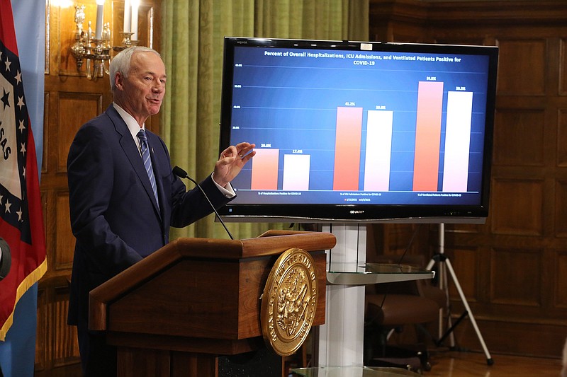 Gov. Asa Hutchinson talks about the number of hospitalized patients currently on ventilators during the weekly COVID-19 press conference on Tuesday, Aug. 3, at the state Capitol in Little Rock. (Arkansas Democrat-Gazette/Thomas Metthe)