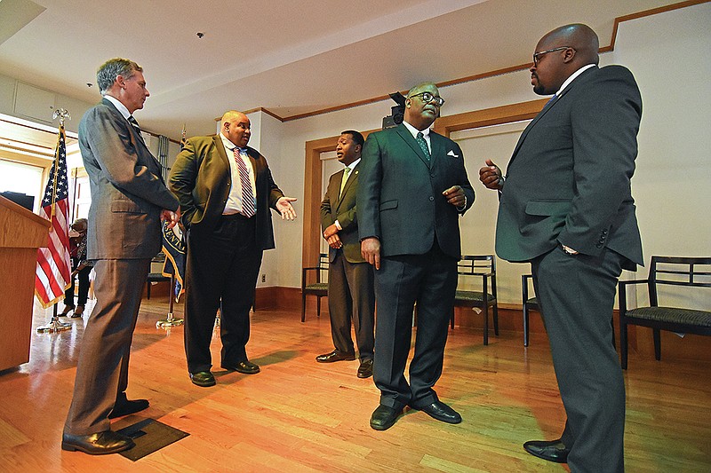 From left, Rep. French Hill, Carlos Clark, president of Arkansas Baptist College, Roderick L. Smothers, president of Philander Smith College, Jerome Green, president of Shorter College, and Secretary Solomon Graves talk after a press conference Friday, Aug. 6, 2021 at Arkansas Baptist College in Little Rock.
(Arkansas Democrat-Gazette/Staci Vandagriff)