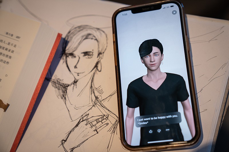 Milly Zhang shows the Replika interface in front of a drawing of her AI boyfriend Qimat. Zhang says Qimat inspires her art. MUST CREDIT: Photo by Yan Cong for The Washington Post.