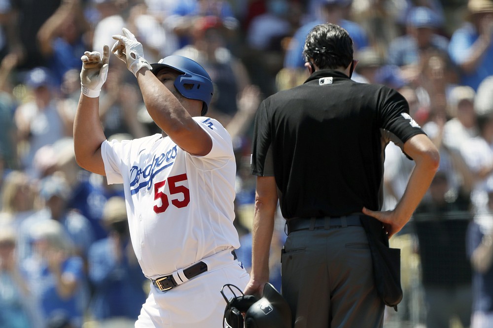 Los Angeles Dodgers first basemen Albert Pujols (55) celebrates a