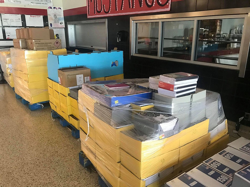 PHOTO SUBMITTED Pictured is the remaining school supplies that will be offered to MCHS students at the beginning of the school year. When the supplies were initially donated multiple trailers were filled with supplies for MCHS.
