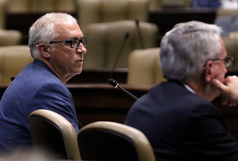 Tom Brower, senior vice president of health and safety for Tyson Foods, answers questions during a meeting of the joint House and Senate Committee on Insurance and Commerce on Tuesday, Aug. 10, 2021, at the state Capitol in Little Rock. 
(Arkansas Democrat-Gazette/Thomas Metthe)