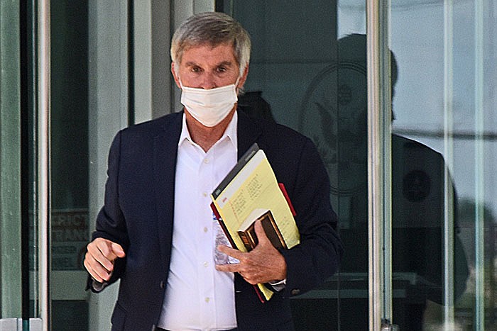 Gilbert Baker exits the U.S. District Courthouse in Little Rock on Thursday, Aug. 12, 2021 after a jury found the former Republican state senator innocent on one count of conspiracy to commit bribery involving a former circuit court judge.
(Arkansas Democrat-Gazette/Staci Vandagriff)