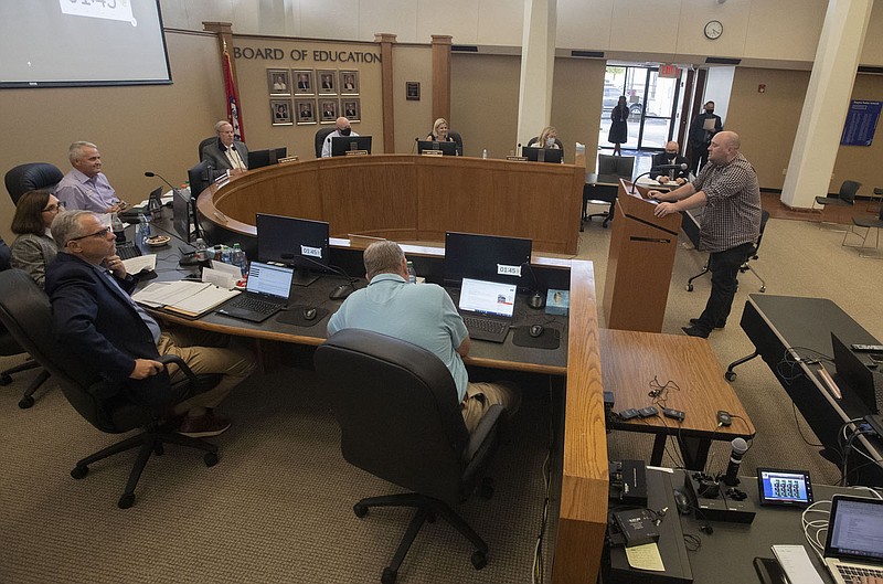 James Brunton speaks Thursday August 12, 2021 during a special meeting of the Rogers School Board. The meeting was called to discuss a mask requirement for students for the upcoming school year. Visit nwaonline.com/21000813Daily/ and nwadg.com/photo. (NWA Democrat-Gazette/J.T. Wampler)