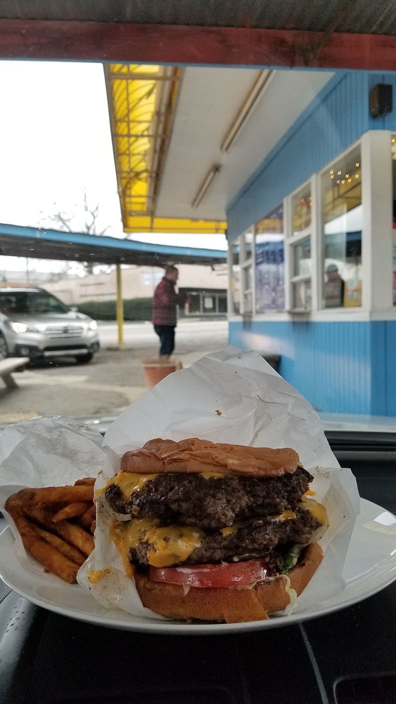 The Yellow Jacket Drive In in Sheridan, which gets its name from the high school mascot, serves up a huge double burger.
(Courtesy photo/Kat Robinson)