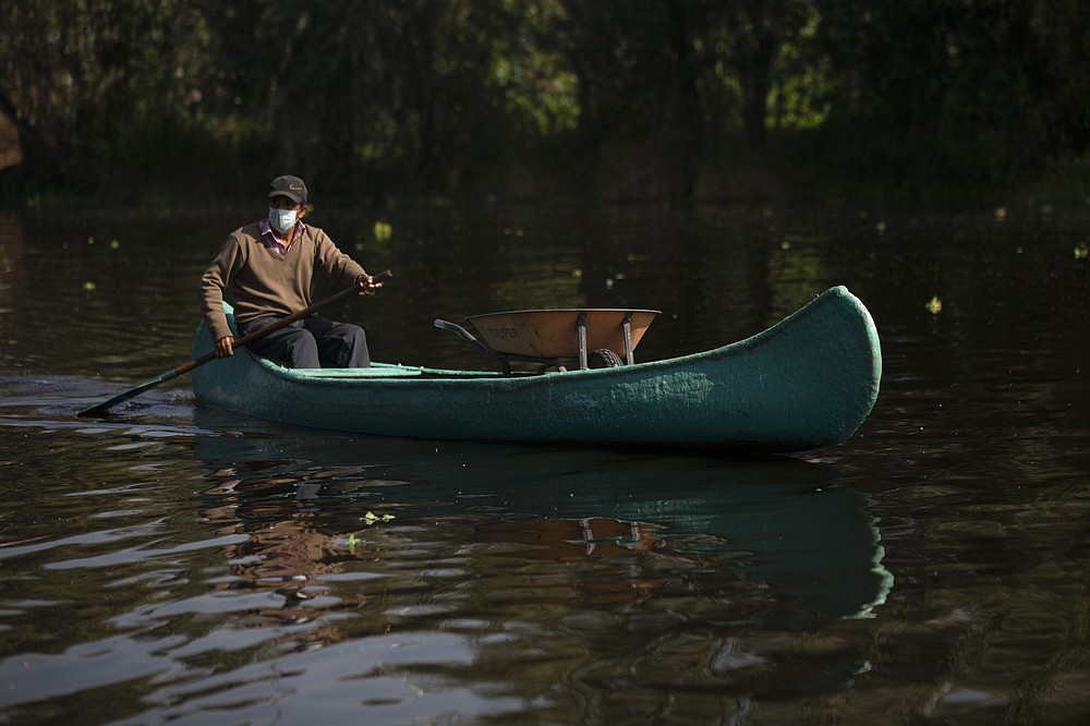 A farmer carries a wheelbarrow in his canoe as e paddles to his farm known as "chinampa," in Xochimilco, Mexico City, Thursday, Aug. 12, 2021, as Mexico City prepares for the 500th anniversary of the fall of the Aztec capital of Tenochtitlan. The canals and floating gardens of Xochimilco are the last remnants of a vast water transport system built by the Aztecs to serve their capital of Tenochtitlán. (AP Photo /Marco Ugarte)