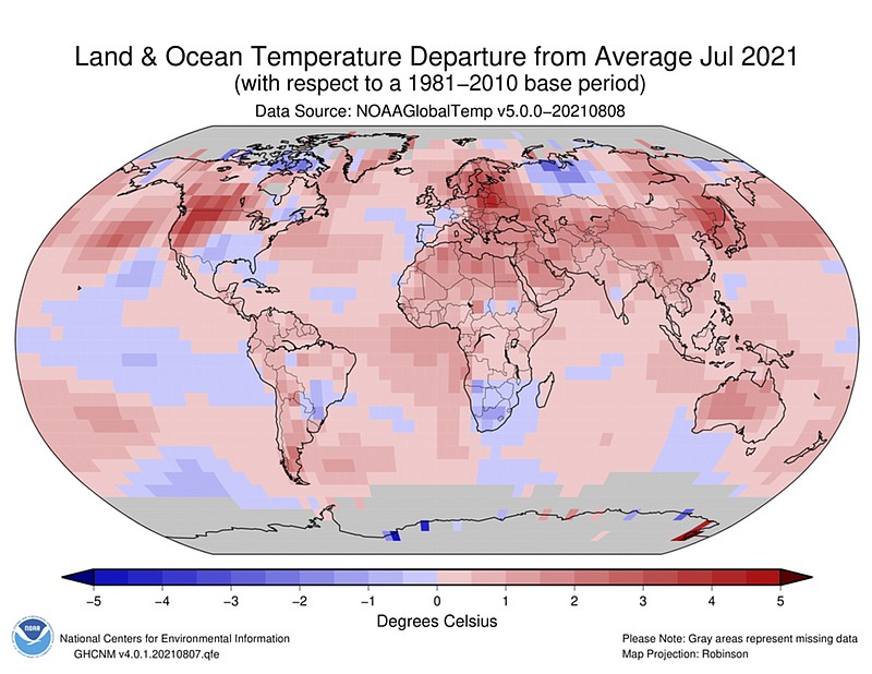 This image made available by the National Oceanic and Atmospheric Administration shows temperature differences from average values in July 2021 around the world. On Friday, Aug. 13, 2021, U.S. weather officials said Earth in July was the hottest month ever recorded. (NOAA National Centers for Environmental Information via AP)