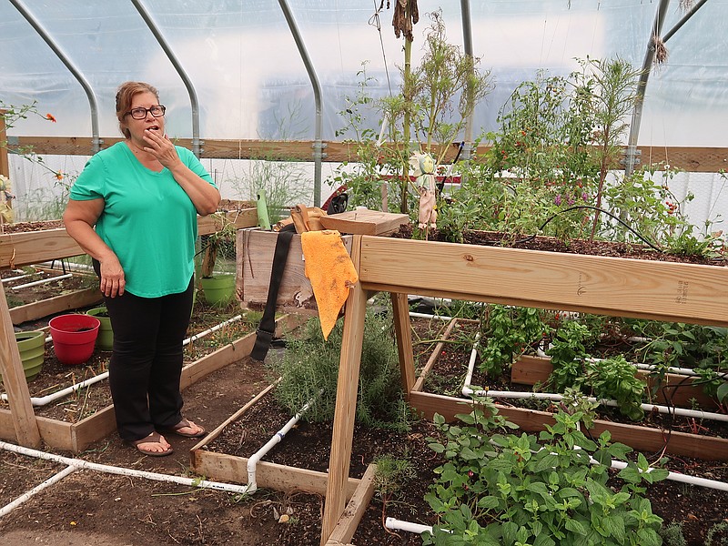 Margie Raimondo’s Italian family believes in making the most of whatever you have. Here she shows off PVC pipes that deliver irrigation to layers of planting boxes and tables at Urbana Farmstead in Little Rock. (Special to the Democrat-Gazette/Janet B. Carson)