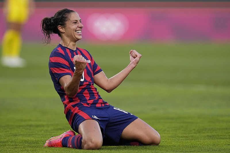 United States' Carli Lloyd celebrates scoring her side's fourth goal against Australia in the women's bronze medal soccer match at the 2020 Summer Olympics on Aug. 5 in Kashima, Japan. - Photo by Fernando Vergara of The Associated Press