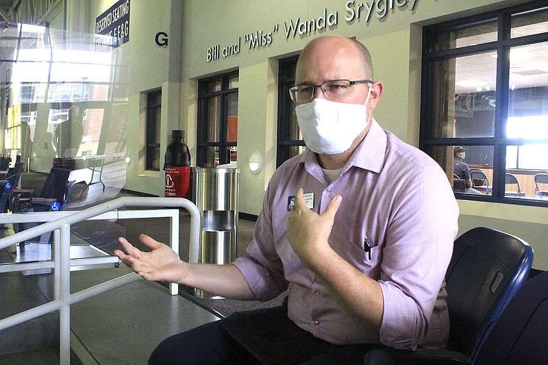 Dave Stevens, Dean of Students at University of Arkansas-Fort Smith, discusses covid-19 precautions at the college on Monday, Aug. 16, 2021, in the Stubblefield Center.