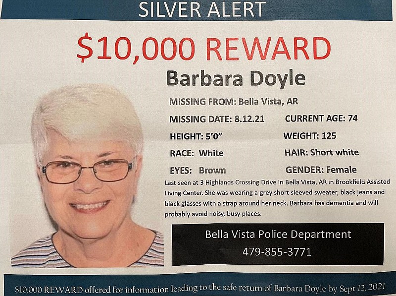 A flyer advertises a reward for information leading to the safe return of Barbara Doyle, who disappeared from the Brookfield Assisted Living Center in Bella Vista on Aug. 12.