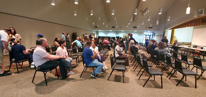 Photo By Bradly Gill
Parents and faculty wait before Thursday night's Harmony Grove School Board meeting. The board voted to repeal the mask mandate previously put in by a 4-3 vote.