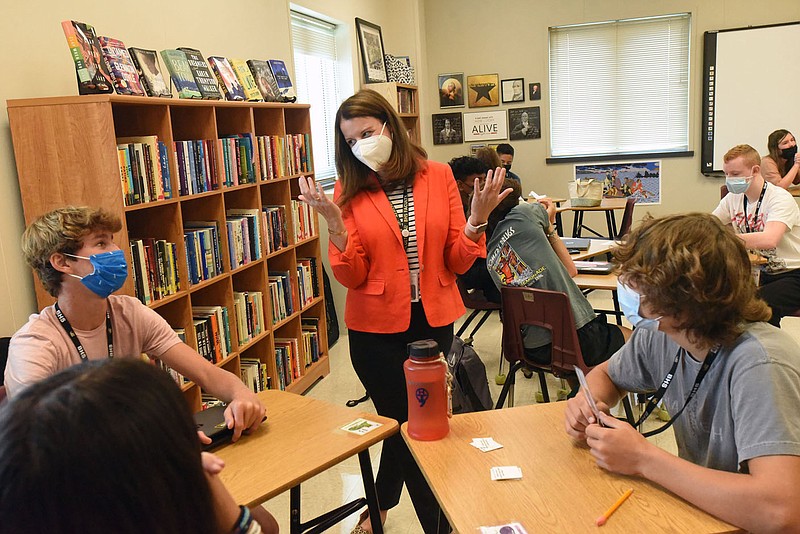 Holly Howard chats with students Tuesday Aug. 17 2021 in her classroom at Bentonville High School.
(NWA Democrat-Gazette/Flip Putthoff)