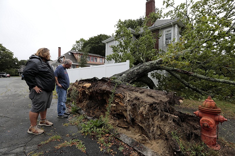 Nicholas LeBlanc and his father Drew LeBlanc look at the tree that fell onto the home they live in on Maple Street in New Bedford, Mass. while they were having breakfast on Sunday, Aug. 22, 2021. (Peter Pereira/The Standard-Times via AP)