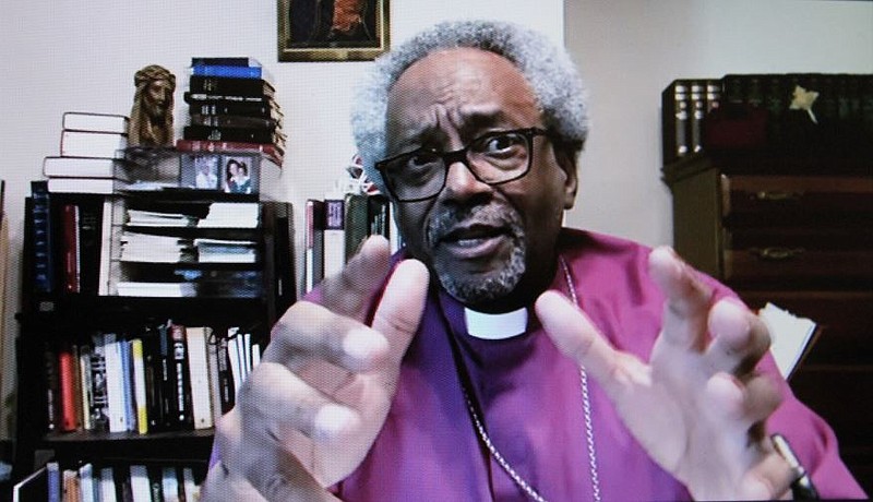 Michael Curry, Presiding Bishop of the Episcopal Church, addresses viewers during the 2020 Love Thy Neighbor event in this photo still. This year’s Love Thy Neighbor will be the second consecutive year the event, held more recently at St. Mark’s Episcopal Church in Little Rock, will be hosted online due to the coronavirus pandemic.
(Arkansas Democrat-Gazette/Francisca Jones)