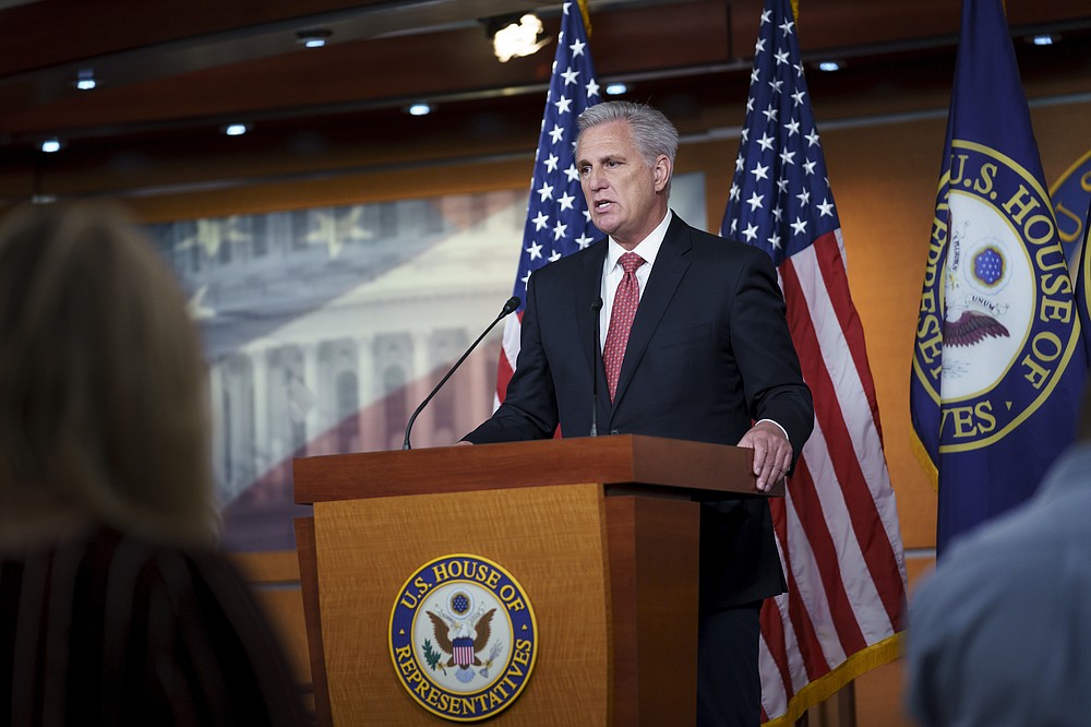 House Minority Leader Kevin McCarthy, R-Calif., speaks during his weekly news conference at the Capitol in Washington, Wednesday, Aug. 25, 2021. (AP Photo/J. Scott Applewhite)