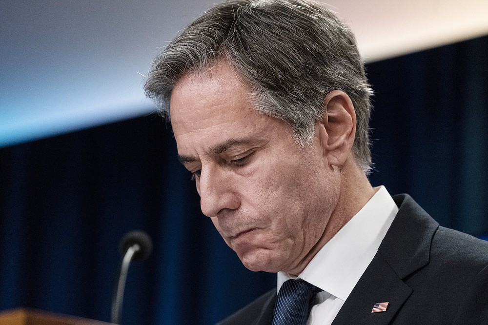 Secretary of State Antony Blinken pauses while speaking about Afghanistan during a media briefing at the State Department, Wednesday, Aug. 25, 2021, in Washington. (AP Photo/Alex Brandon, Pool)