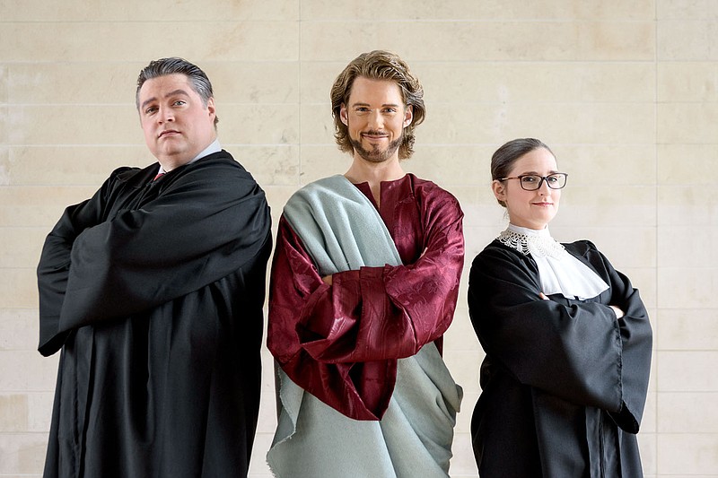 Matt Tatus (left) sings the role of U.S. Supreme Court Justice Antonin Scalia, with Shannon Rookey (right) as Justice Ruth Bader Ginsburg and Michael Colman (center) as the Commentator in the Opera in the Rock production opening tonight.

(Special to the Democrat-Gazette/Wendy Kelley)