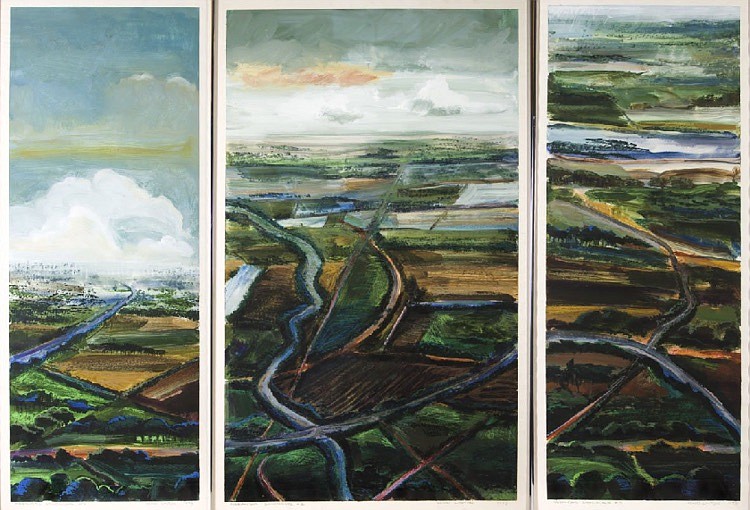 “Arkansas Landscape 1, 2, 3 (triptych)” by Henri Linton is part of “Deeply Rooted: A Glimpse into Southern Lifestyle,” on display through March 5 at the Arts & Science Center for Southeast Arkansas in Pine Bluff. (Special to the Democrat-Gazette)