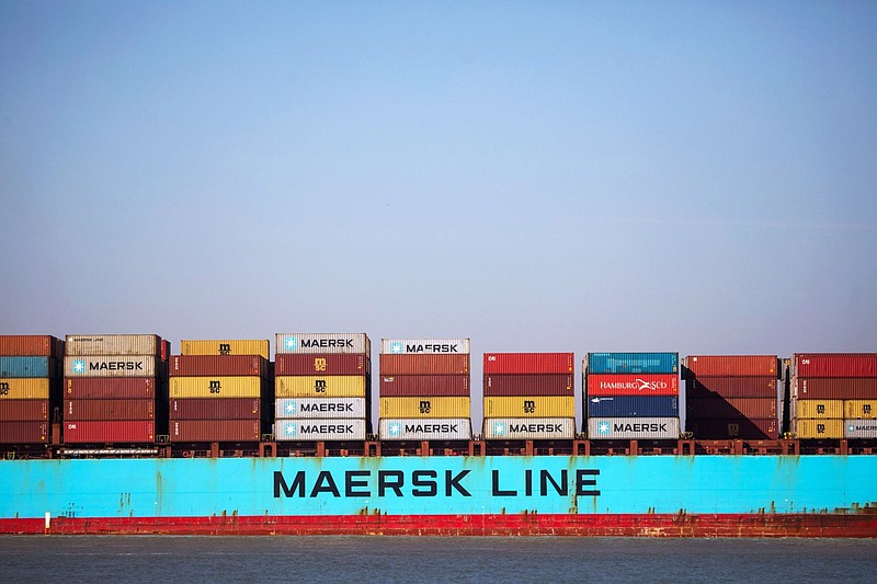 Shipping containers stand on the Maersk Gairloch container ship as it approaches the Port of Felixstowe in Felixstowe, U.K., on Wednesday, March 25, 2020. MUST CREDIT: Bloomberg photo by Chris Ratliffe.