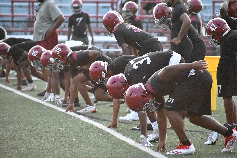 Pine Bluff High School football players line up for sprints during an August practice. (Pine Bluff Commercial/I.C. Murrell)