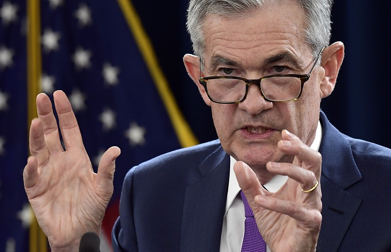 FILE - In this Wednesday, Sept. 26, 2018 file photo, Federal Reserve Chairman Jerome Powell speaks during a news conference in Washington. (AP Photo/Susan Walsh, File)
