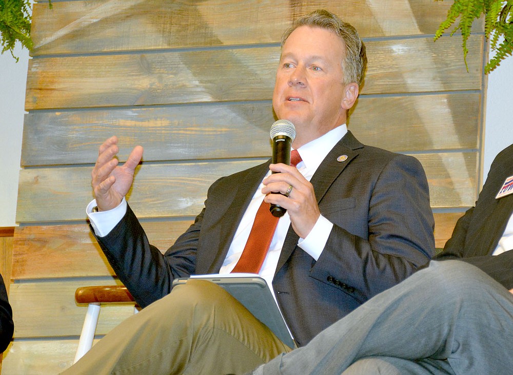 Marc Hayot/Herald-Leader State Representative Carlton Wing (R-38) discussed how county election commissioners are dependent on the offices of local county clerks for volunteers during the joint meeting of the Benton County Republicans and the Siloam Springs Republican Women on Tuesday, Aug. 24.