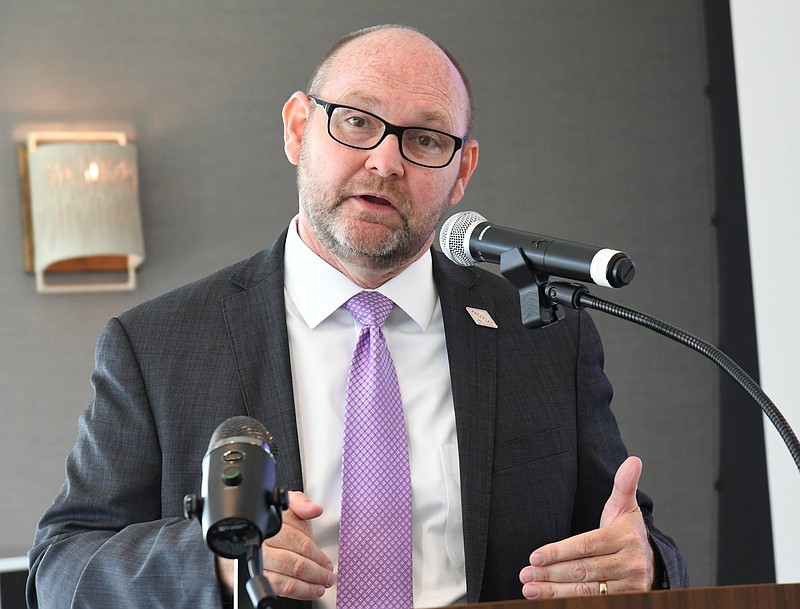 Christopher Crane, film commissioner, Arkansas Economic Development Commission, speaks at Hot Springs National Park Rotary about film making in Arkansas. - Photo by Tanner Newton of The Sentinel-Record