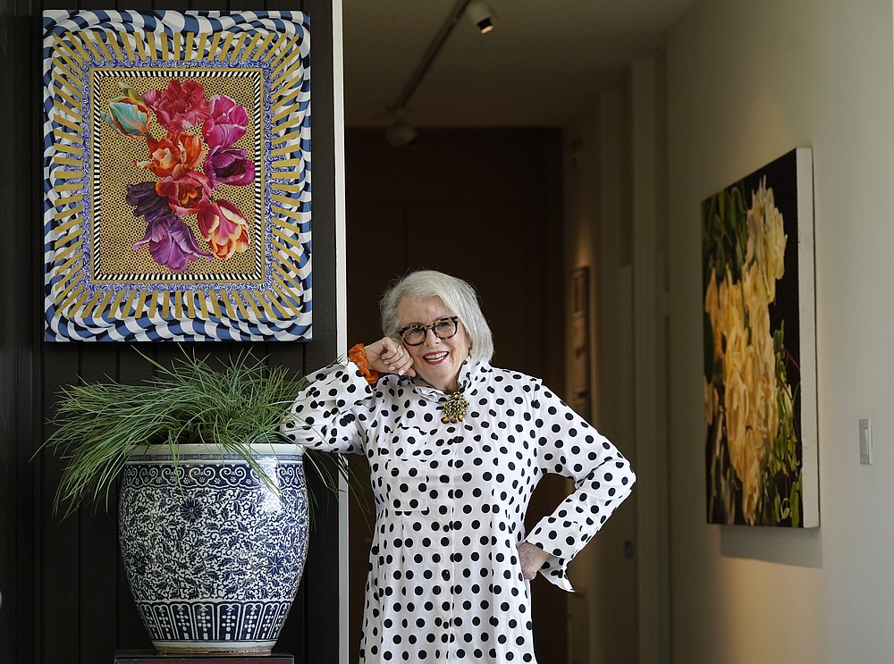 Senior influencer Sandra Sallin, 80, poses for a portrait at home, Friday, Aug. 20, 2021, in Los Angeles. Sallin is among a growing number of seniors making names for themselves on social media. (AP Photo/Chris Pizzello)