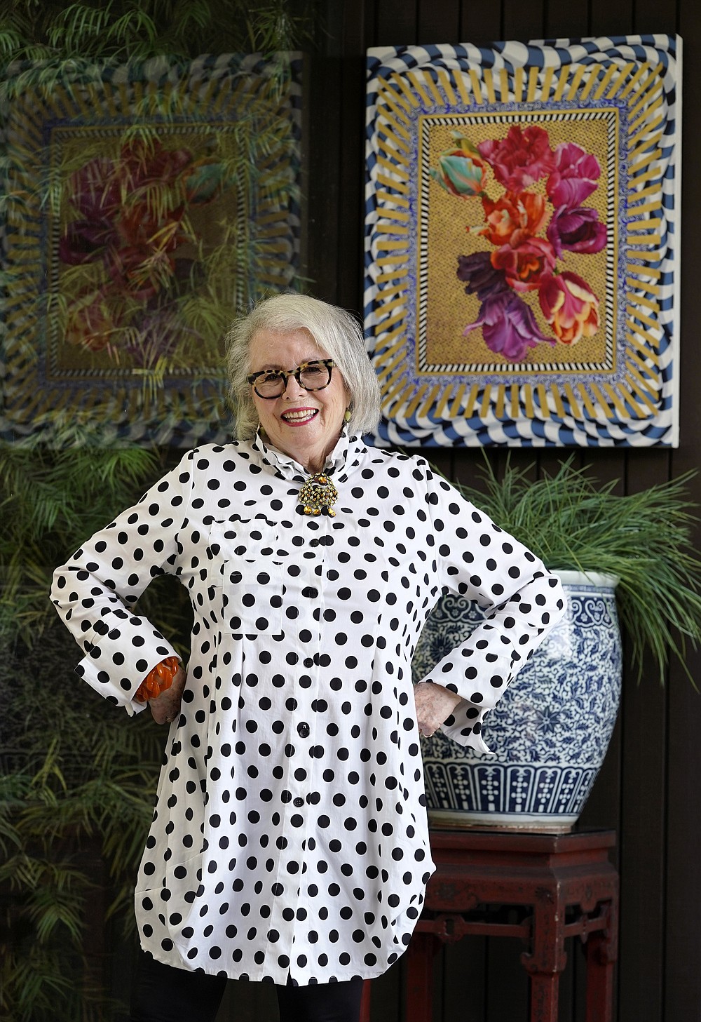 Senior influencer Sandra Sallin, 80, poses for a portrait at home, Friday, Aug. 20, 2021, in Los Angeles. Sallin is among a growing number of seniors making names for themselves on social media. (AP Photo/Chris Pizzello)