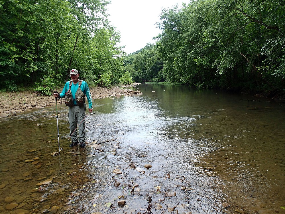 It's wade fishing, but Bodishbaugh rarely gets in above his ankles when streams are low during summer.
(NWA Democrat-Gazette/Flip Putthoff)