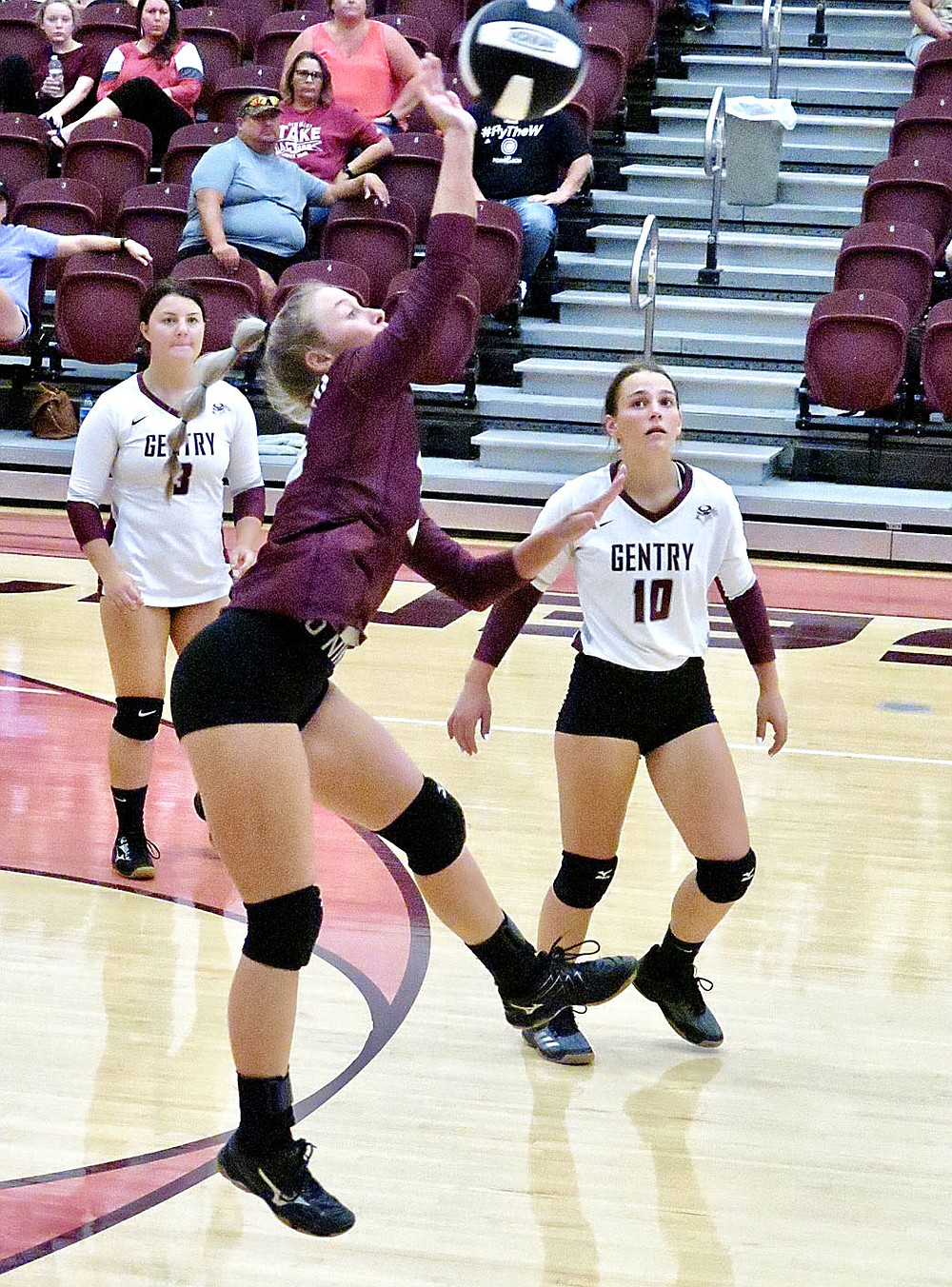 Westside Eagle Observer/RANDY MOLL
Gentry senior Liberty Brannon spikes the ball back across the net during play against Huntsville at Gentry High School on Thursday.