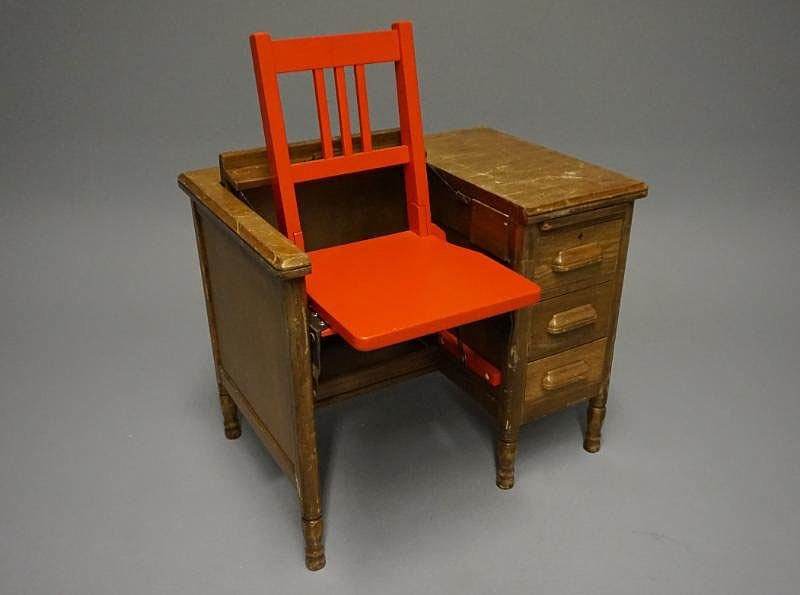 Peter Scheidt, Chair-desk, Found typewriter desk, poplar, paint, 30? x 36? x 26," 2015 is part of the exhibit "Unbroken Circle" at Historic Arkansas Museum.
(Special to the Democrat-Gazette/Peter Scheidt)