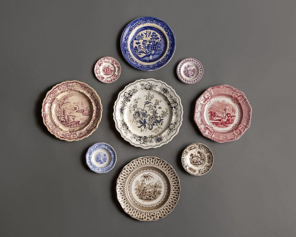Assorted plates, transfer prints, ceramic, 1830-1850, American and British, collection of Historic Arkansas Museum. Part of the Conspicuous Consumption exhibit at Historic Arkansas Museum. Special to the Democrat-Gazette Rett Peek.
